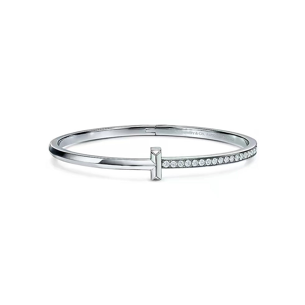 Tiffany Style T Motif Cubic Zirconia 18K Gold-Plated Bangle