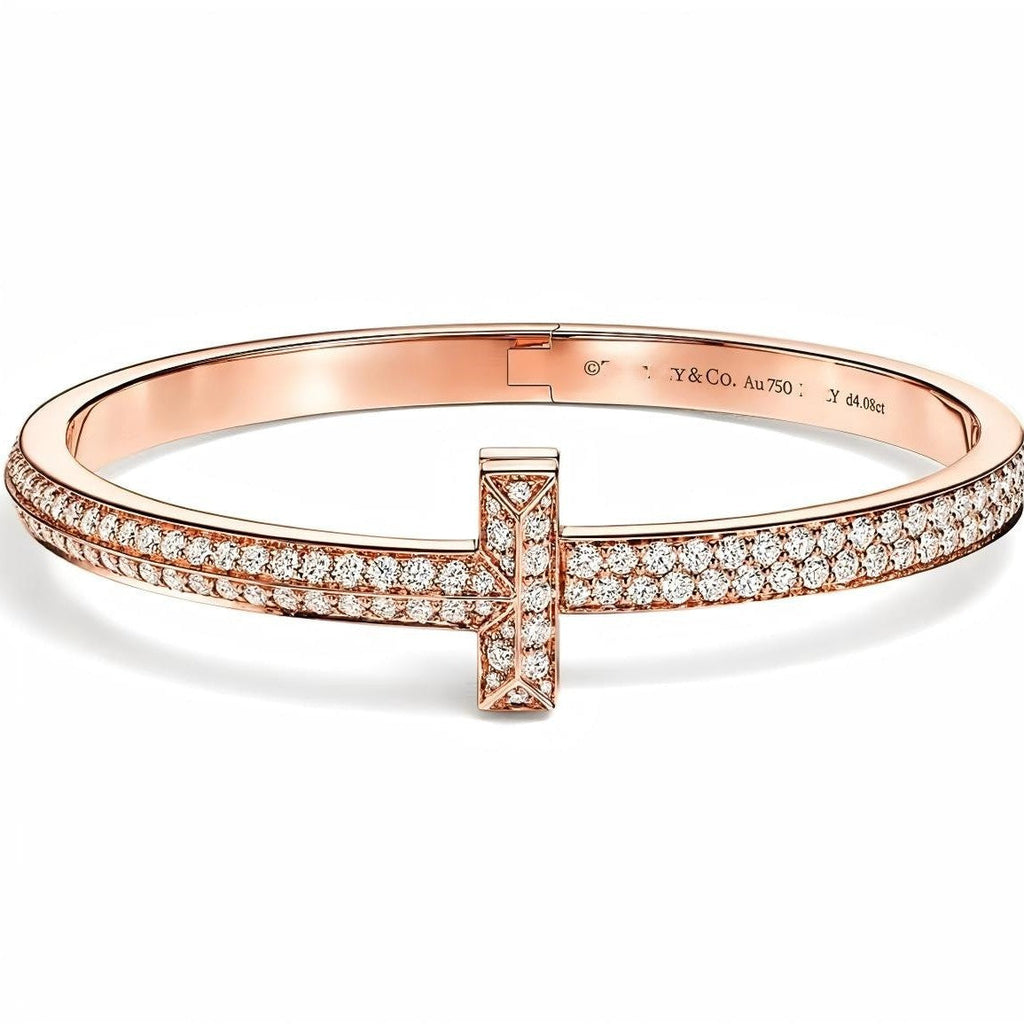 Tiffany Style T Motif Cubic Zirconia 18K Gold-Plated Bangle