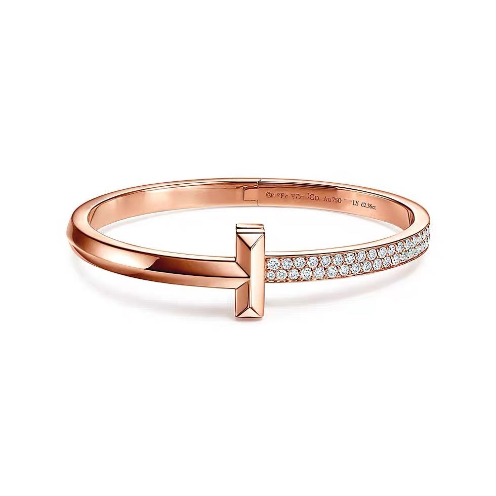 Tiffany Style T Motif Cubic Zirconia 18K Gold-Plated Bangle