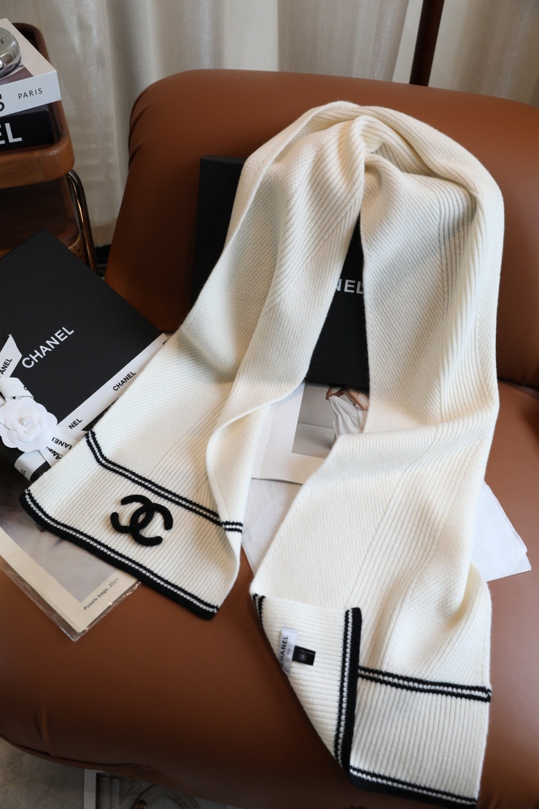 Chanel Style Rib-Knit Logo Scarf