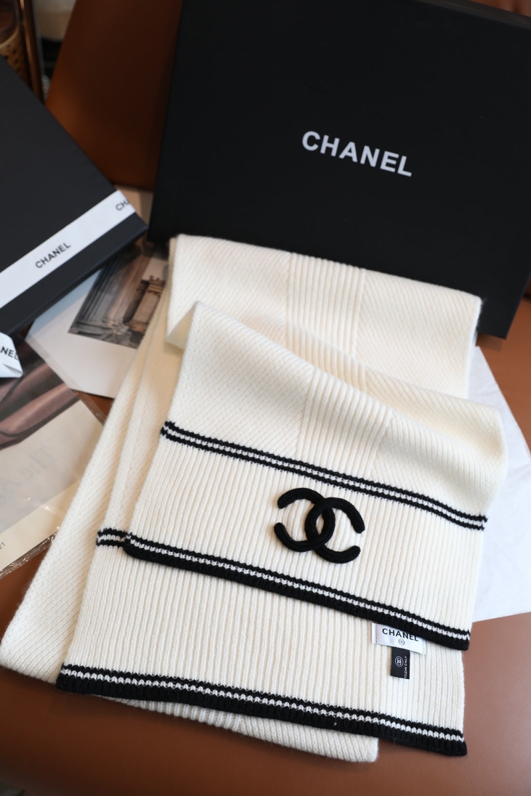 Chanel Style Rib-Knit Logo Scarf