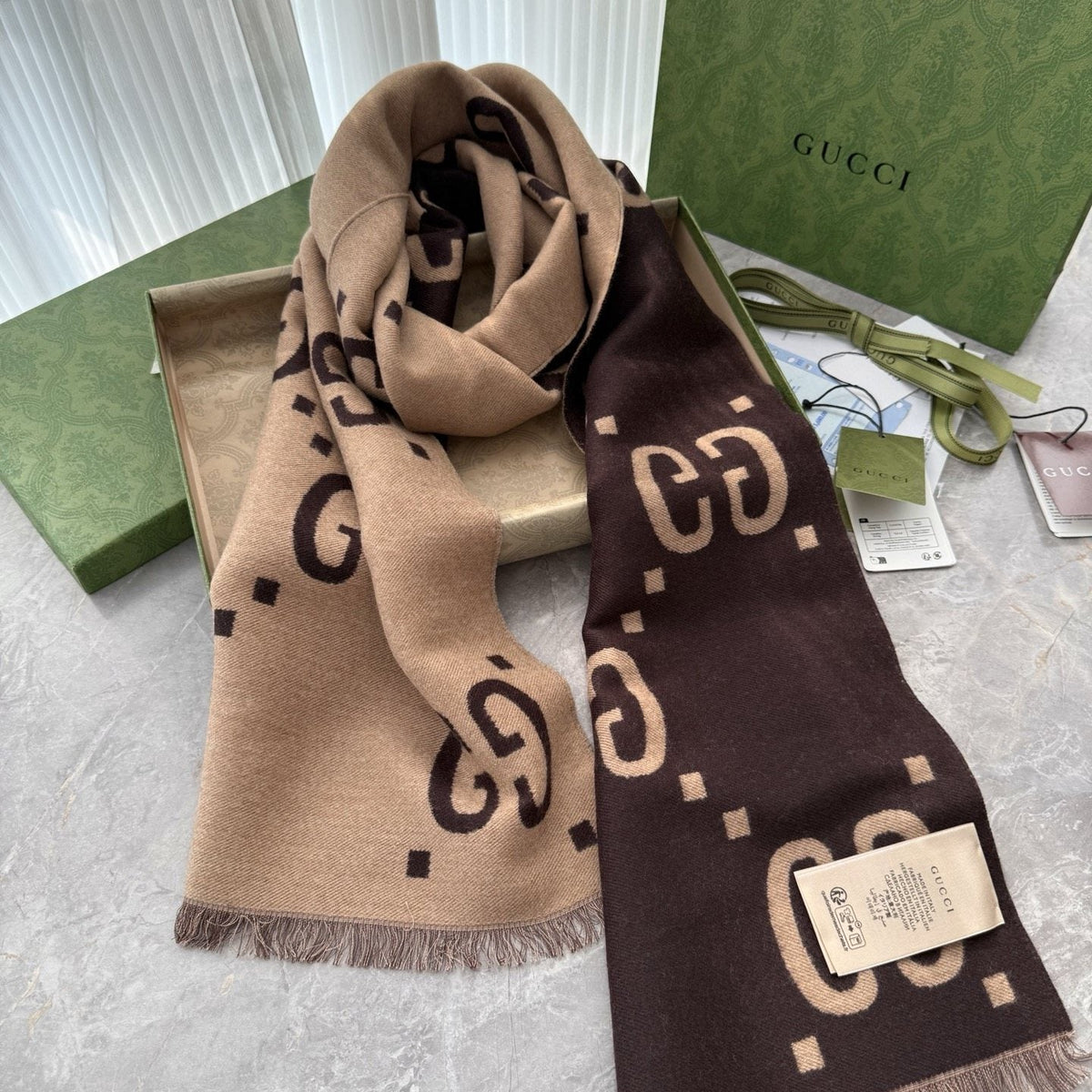 Gucci Dark Brown & Beige Fringed Scarf
