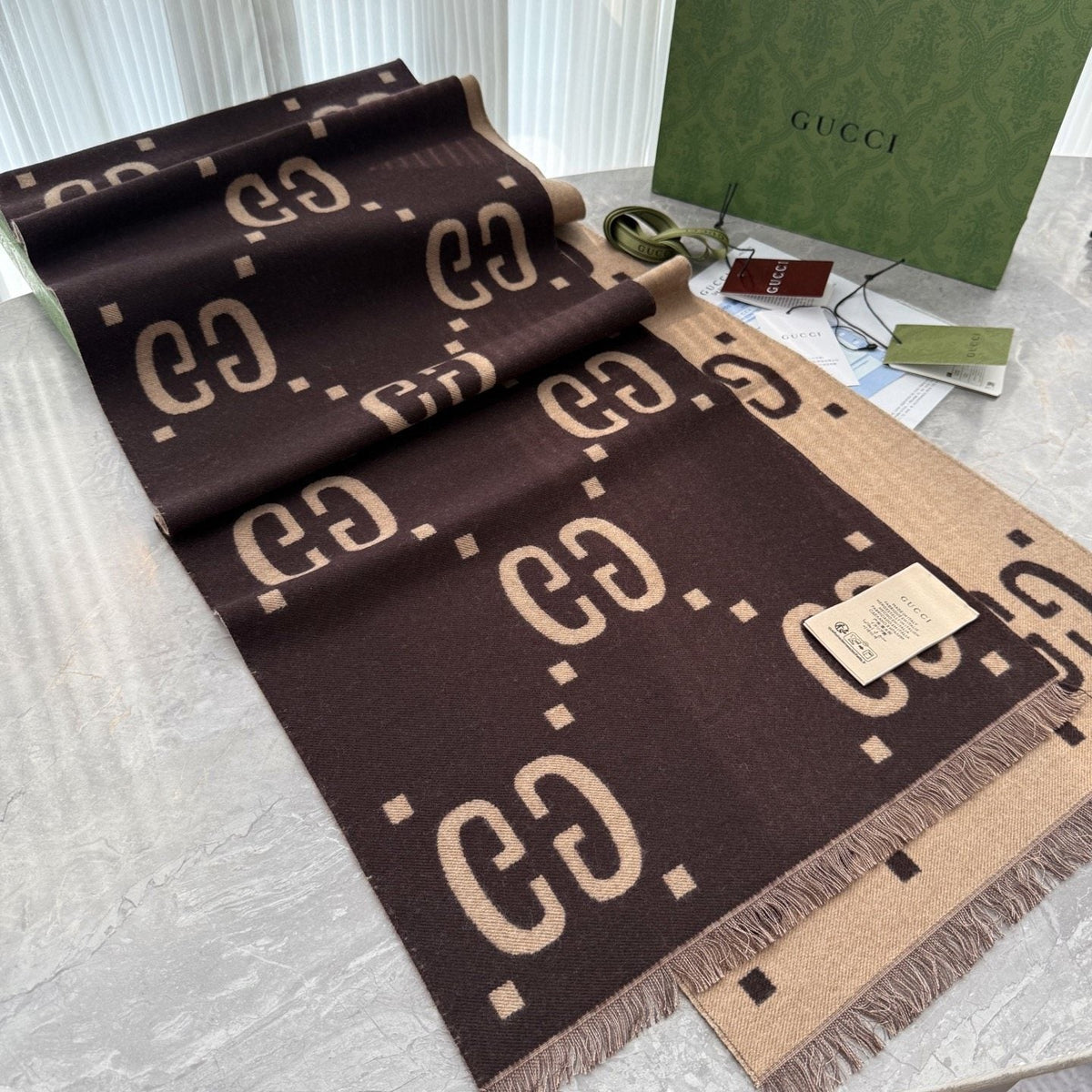 Gucci Dark Brown & Beige Fringed Scarf