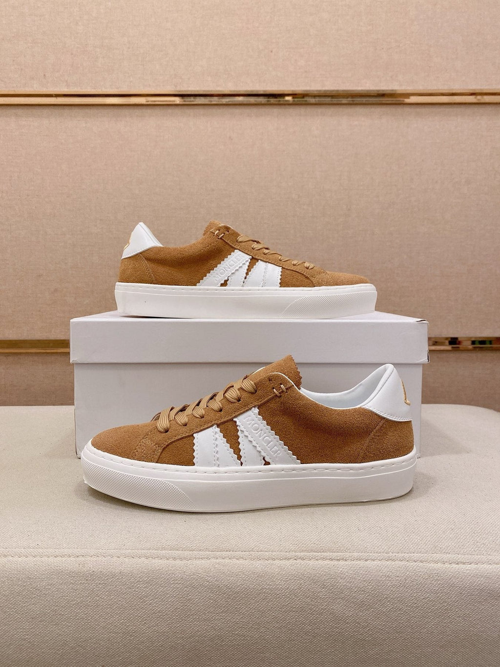 MONCLER Tan and White Stripe Sneakers