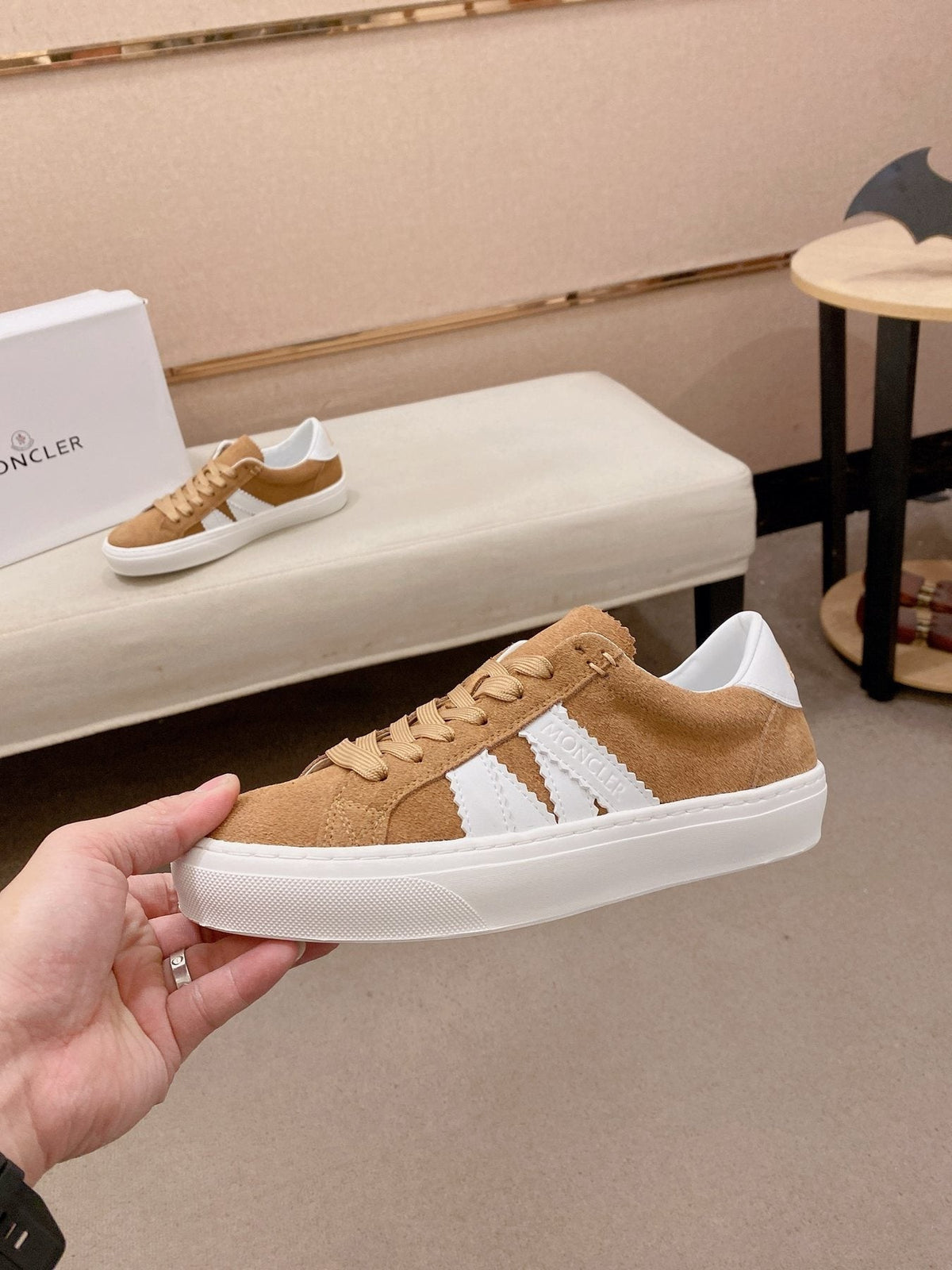 MONCLER Tan and White Stripe Sneakers