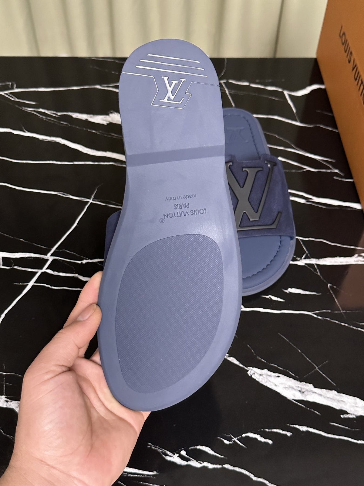 Louis Vuitton Men's Navy Blue Logo Slide Sandals