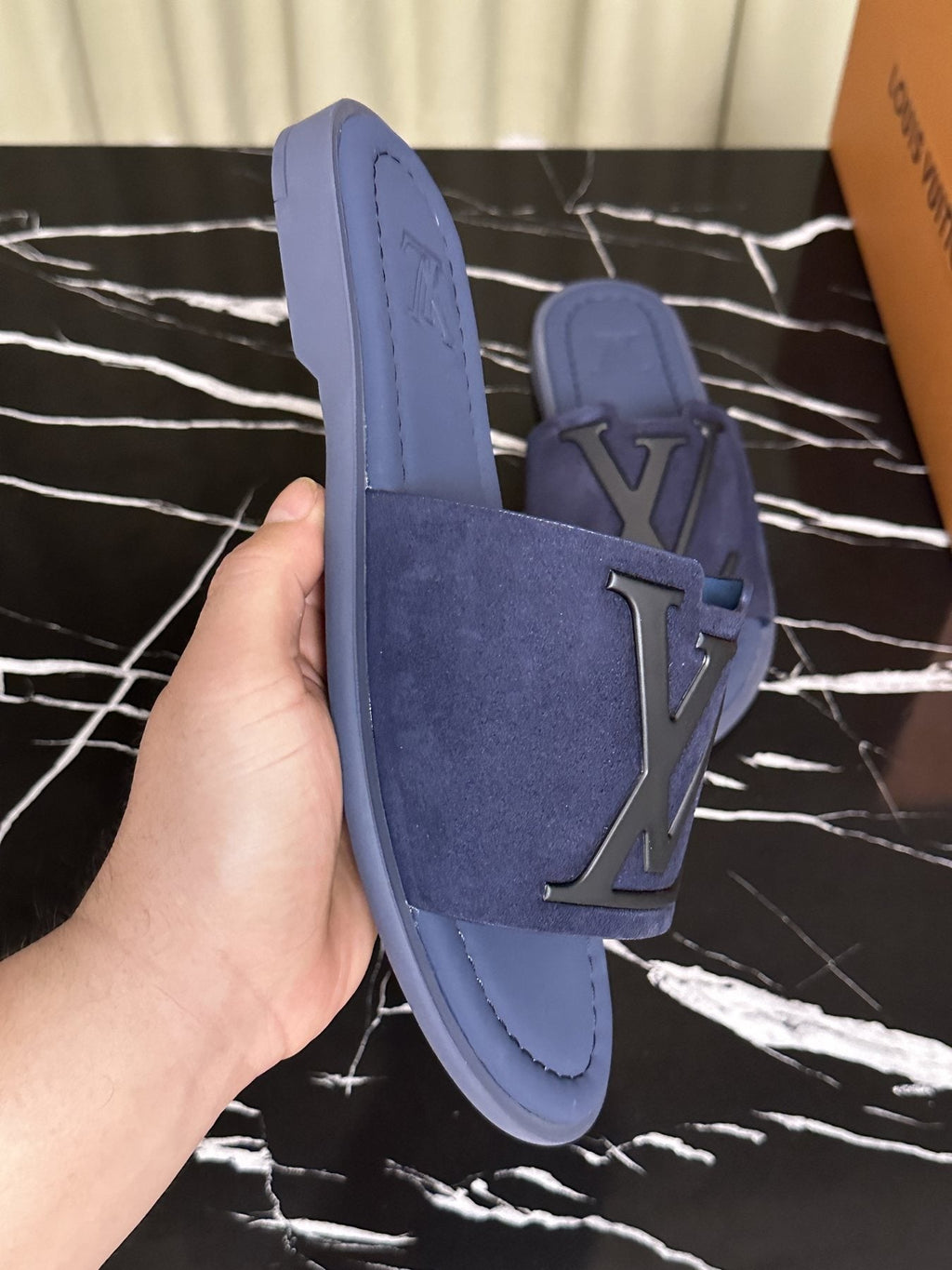 Louis Vuitton Men's Navy Blue Logo Slide Sandals