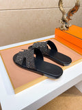 Hermès Black Textured H Slide Sandals - Open-Toe Slide Design