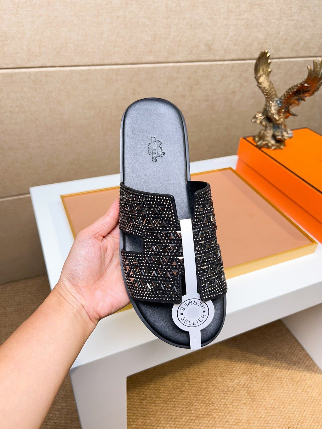 Hermès Black Textured H Slide Sandals - Open-Toe Slide Design