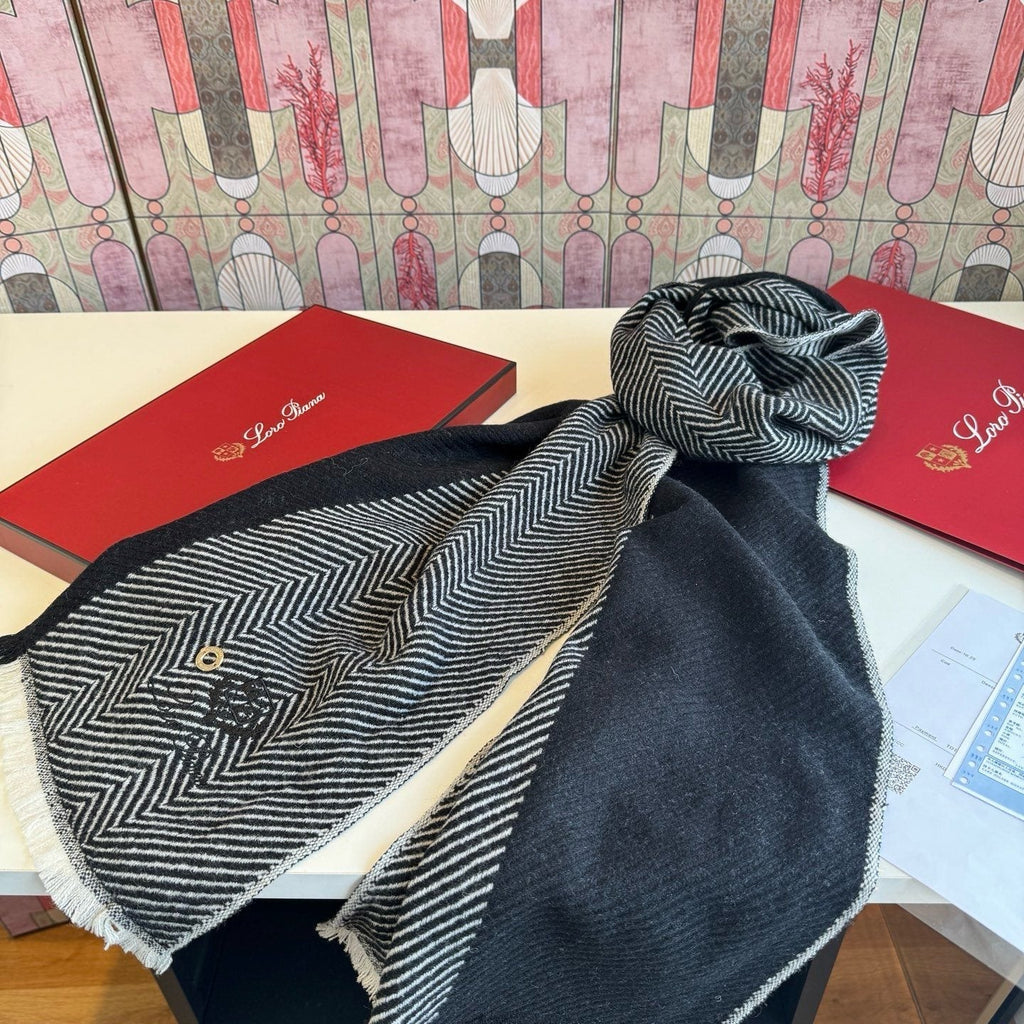 Loro Piana Black & White Herringbone Scarf