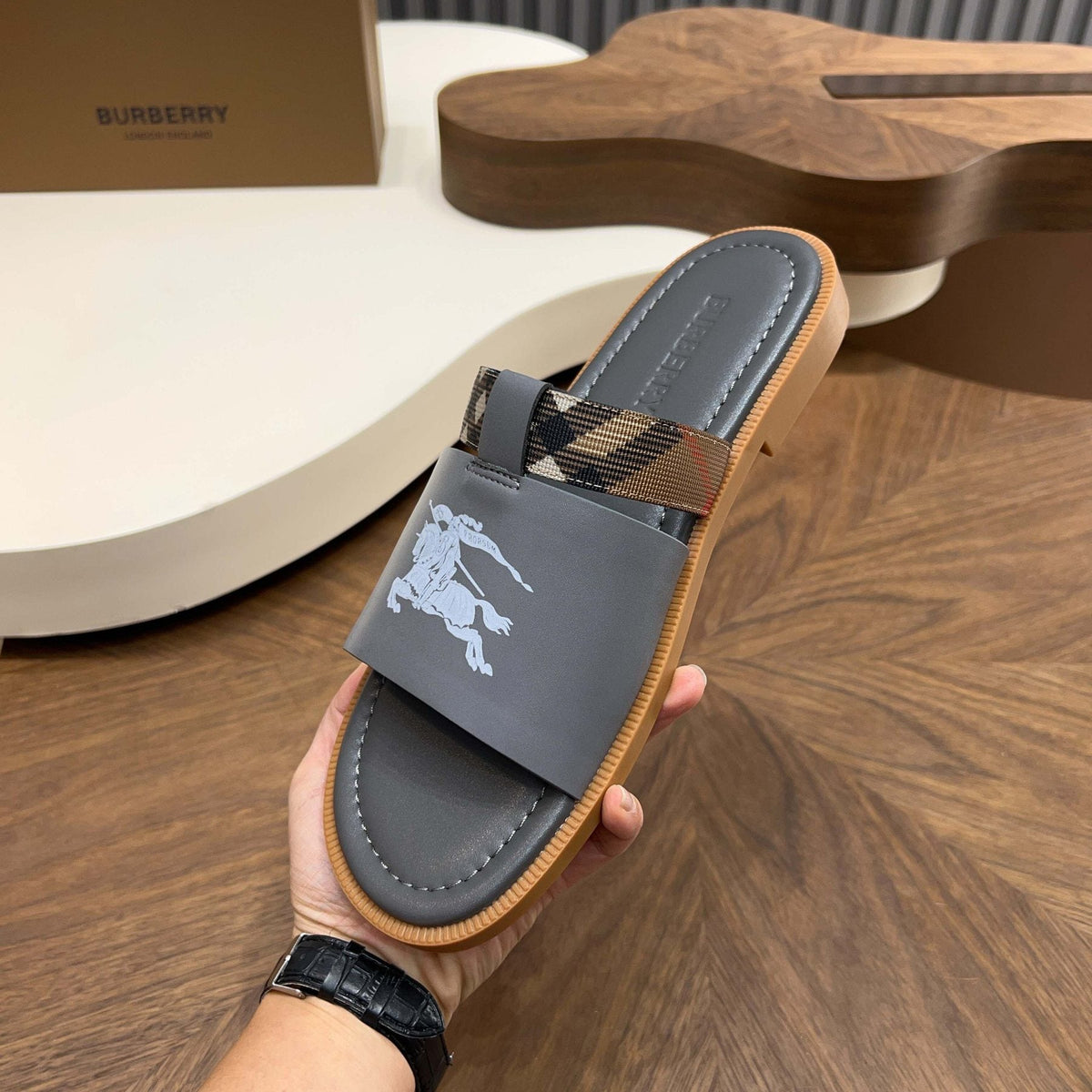 Burberry Plaid-Trim Slide Sandals