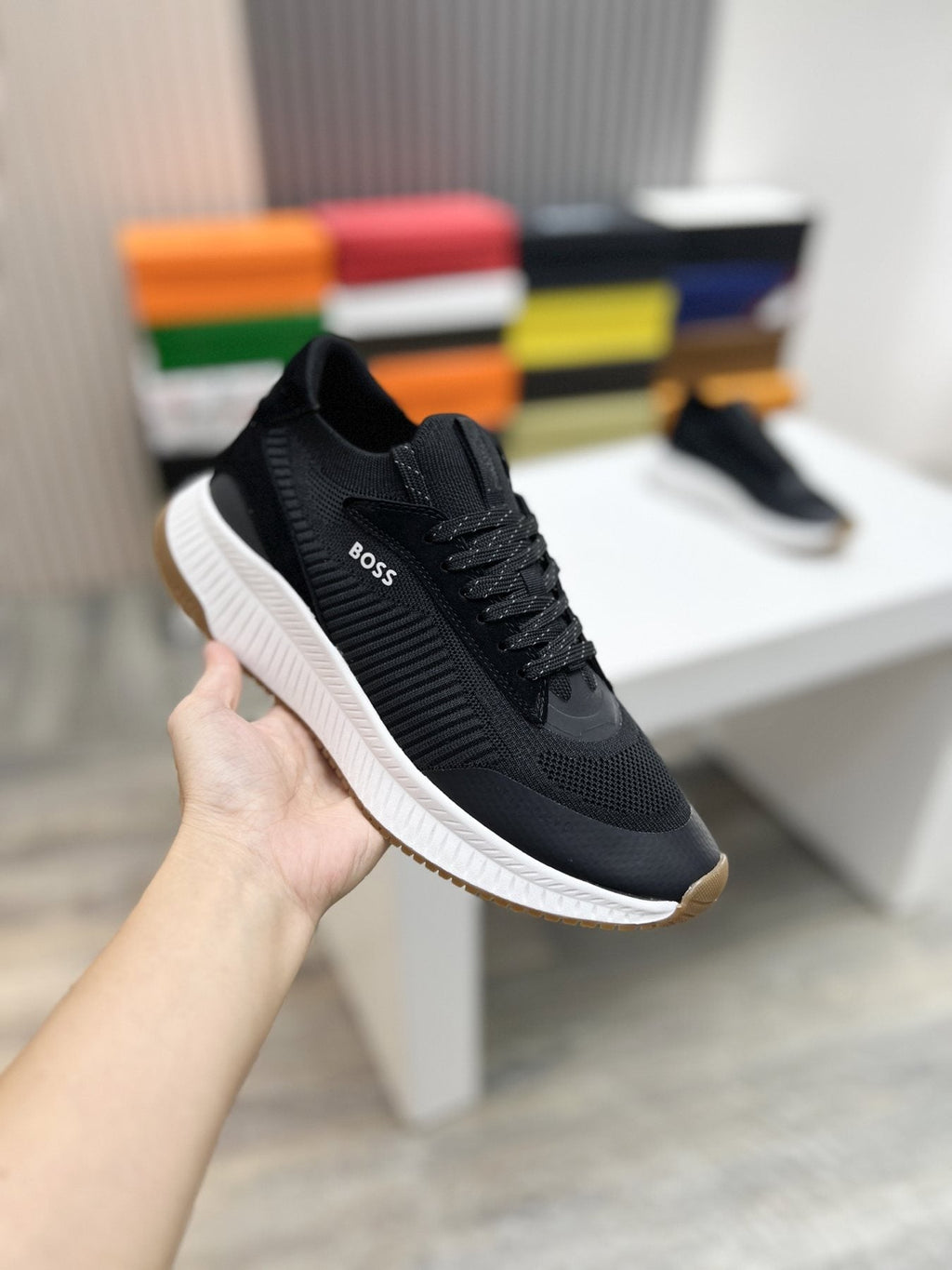 BOSS Men's Knit-Upper Ribbed-Sole Sneakers