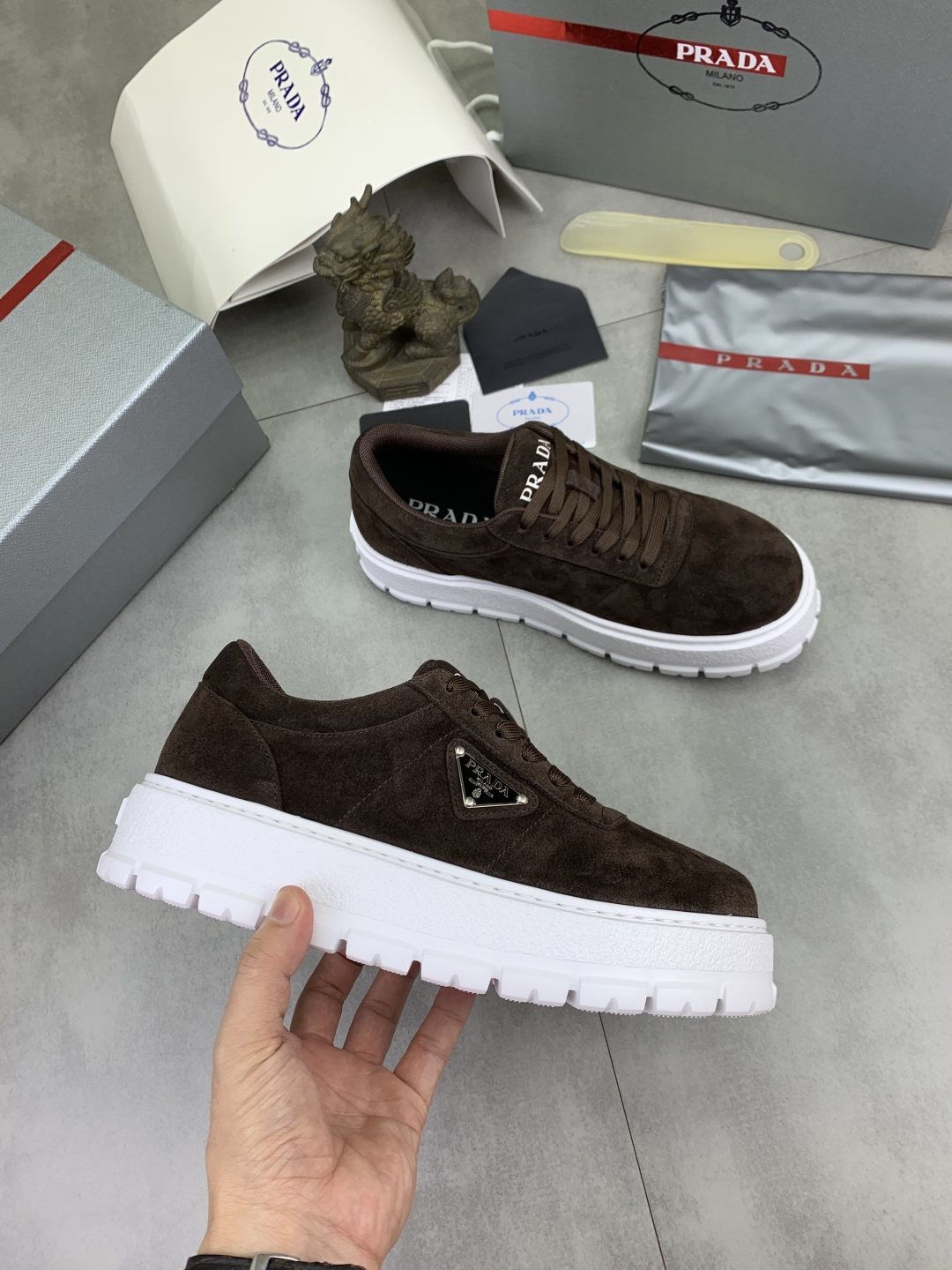 Prada Men's Lace-Up Sneakers with Ridged Soles