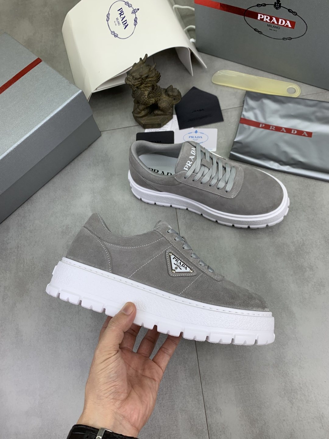 Prada Men's Lace-Up Sneakers with Ridged Soles