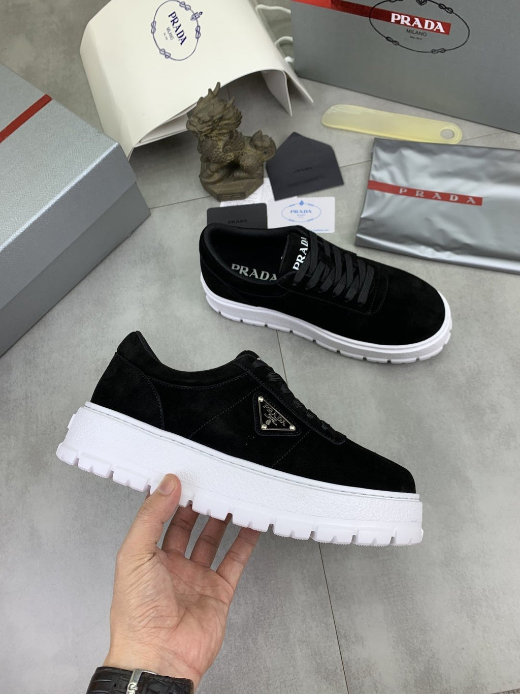 Prada Men's Lace-Up Sneakers with Ridged Soles